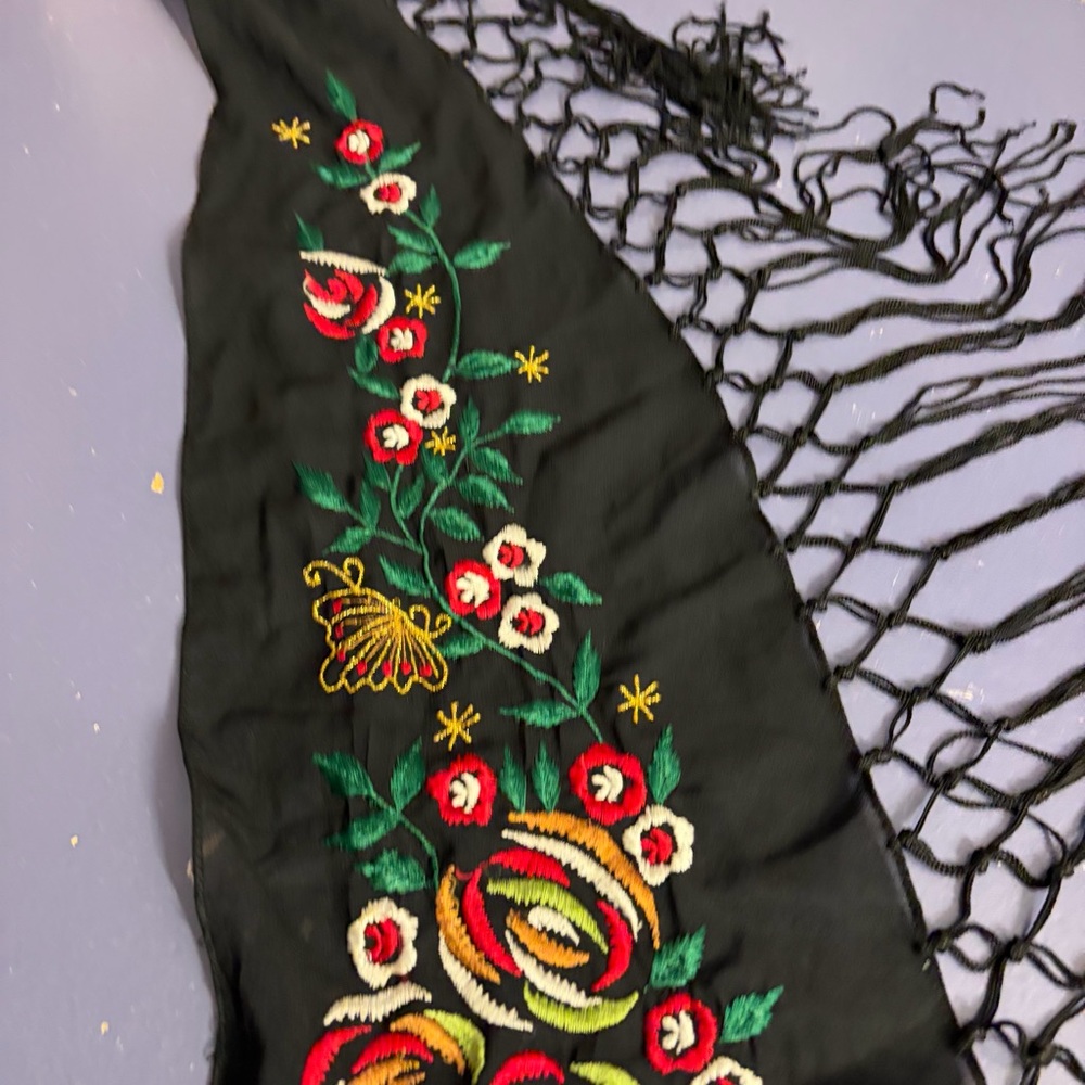 Cejon Black Shawl with Colorful Floral Embroidery - Picture 3 of 10